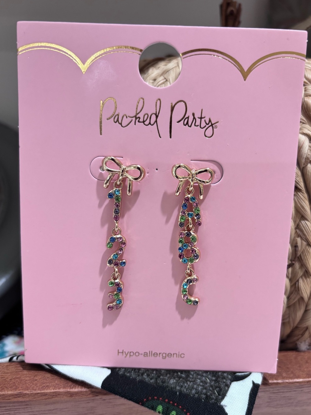 NWT Packed Party Pink Multi-Stone Bow Drop Earrings Teacher Gift